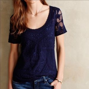 Anthropologie Meadow Rue Navy Lace Sheer Short Sleeve Top